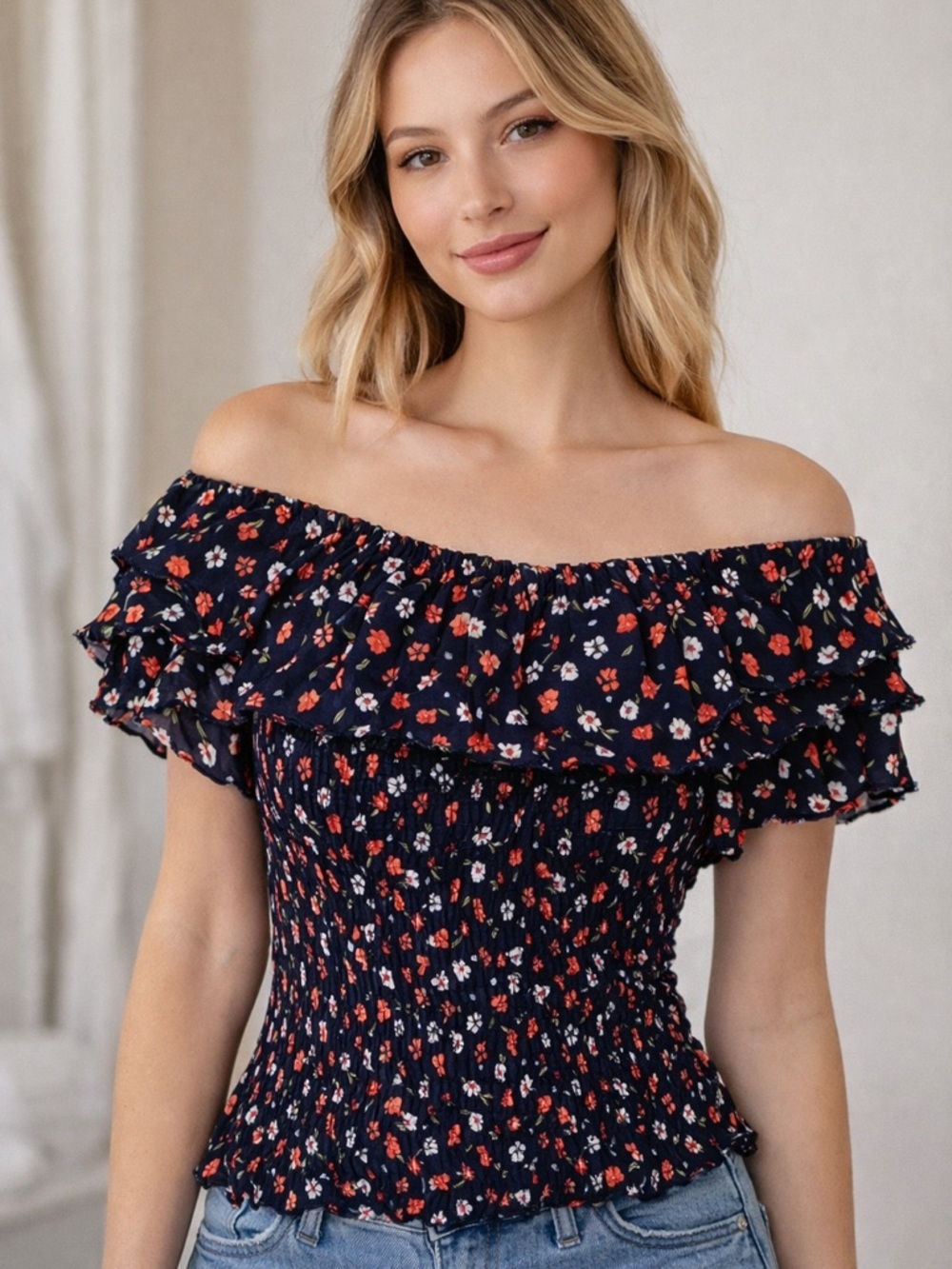 Cato Navy Floral One-Shoulder Ruffle Smocked Top
